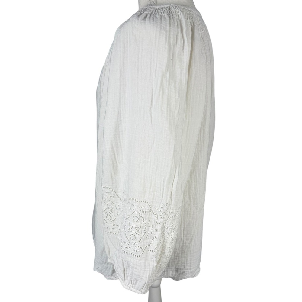 Gap Blouse Womens XL White Eyelet Smocked Balloon Sleeve Scalloped Hem Gauze Top - Picture 10 of 14